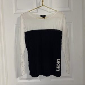 DKNY Top soft stretchy gauzy color block black white logo scoop neck fitted